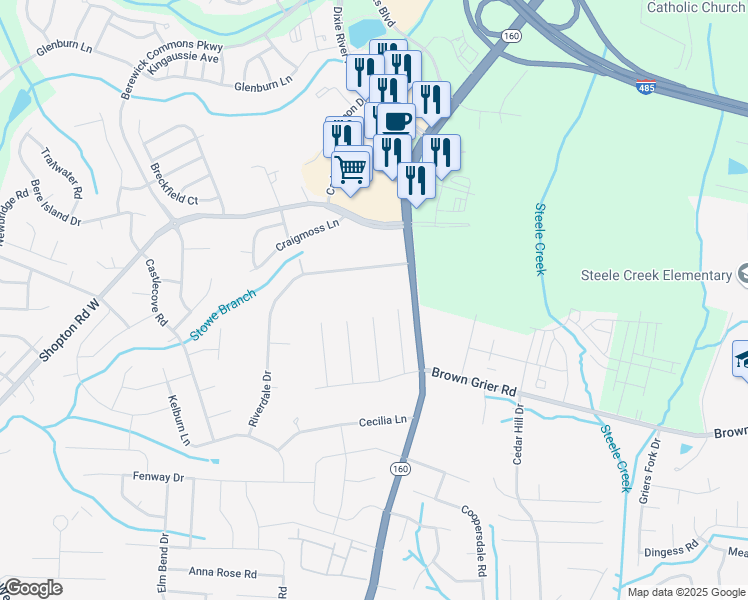 map of restaurants, bars, coffee shops, grocery stores, and more near 9900 Meadowmead Court in Charlotte