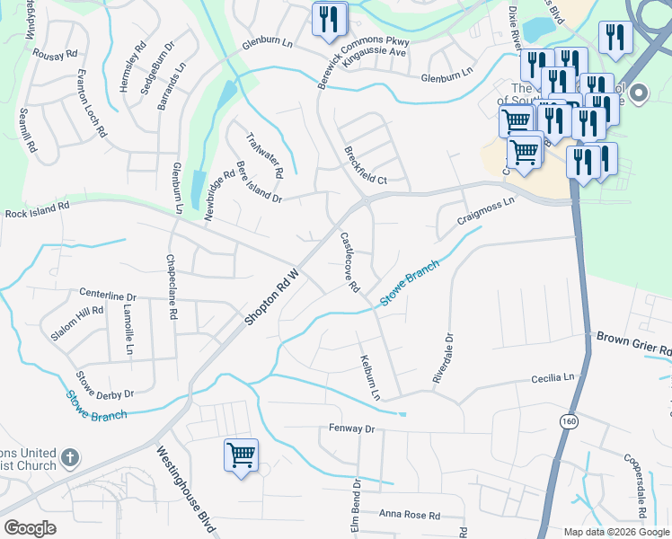 map of restaurants, bars, coffee shops, grocery stores, and more near 10303 Provand Court in Charlotte