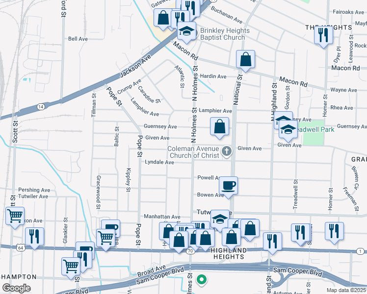 map of restaurants, bars, coffee shops, grocery stores, and more near 3260 Coleman Avenue in Memphis