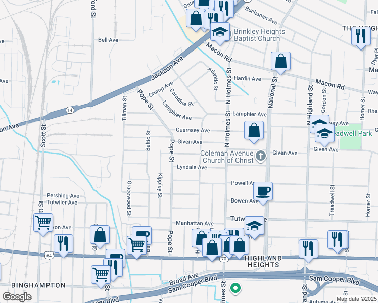 map of restaurants, bars, coffee shops, grocery stores, and more near 3176 Coleman Avenue in Memphis