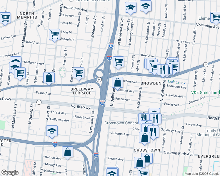 map of restaurants, bars, coffee shops, grocery stores, and more near 1176 Tutwiler Avenue in Memphis