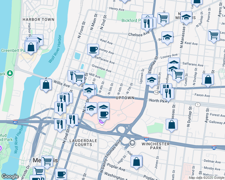 map of restaurants, bars, coffee shops, grocery stores, and more near 504 North 5th Street in Memphis