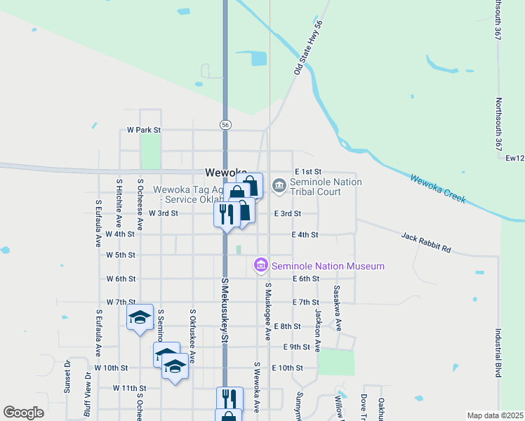 map of restaurants, bars, coffee shops, grocery stores, and more near 211 East 3rd Street in Wewoka