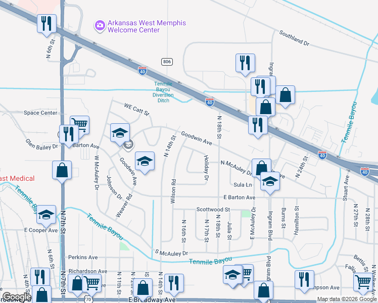 map of restaurants, bars, coffee shops, grocery stores, and more near 806 McAuley Circle in West Memphis