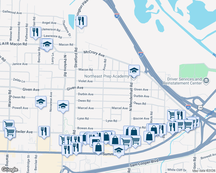 map of restaurants, bars, coffee shops, grocery stores, and more near 4786 Given Avenue in Memphis
