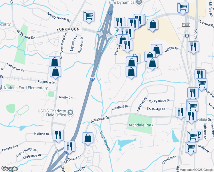 map of restaurants, bars, coffee shops, grocery stores, and more near 5830 Westpark Drive in Charlotte