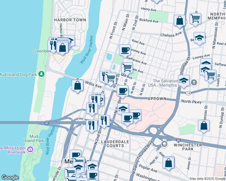 map of restaurants, bars, coffee shops, grocery stores, and more near A.W. Willis Avenue in Memphis