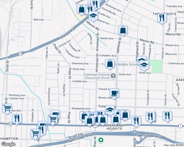map of restaurants, bars, coffee shops, grocery stores, and more near 3260 Coleman Avenue in Memphis