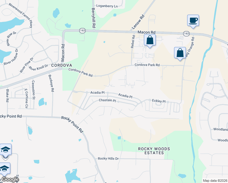 map of restaurants, bars, coffee shops, grocery stores, and more near 9244 Acadia Place in Shelby County