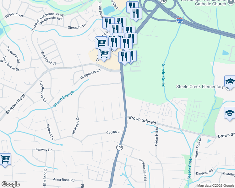 map of restaurants, bars, coffee shops, grocery stores, and more near 9900 Meadowmead Court in Charlotte