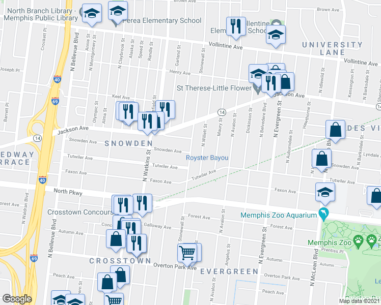 map of restaurants, bars, coffee shops, grocery stores, and more near Stonewall St & Snowden Ave in Memphis