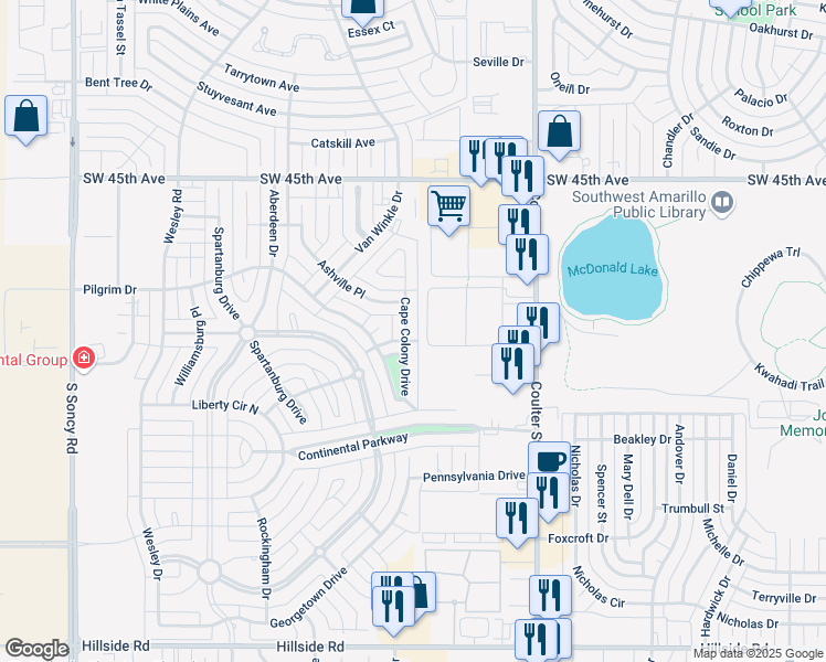 map of restaurants, bars, coffee shops, grocery stores, and more near 4805 Cape Colony Drive in Amarillo