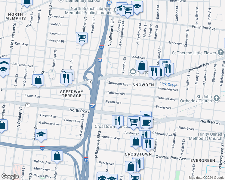 map of restaurants, bars, coffee shops, grocery stores, and more near 1218 Tutwiler Avenue in Memphis