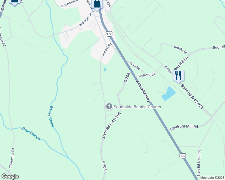 map of restaurants, bars, coffee shops, grocery stores, and more near 371 Sunset Road in Landrum