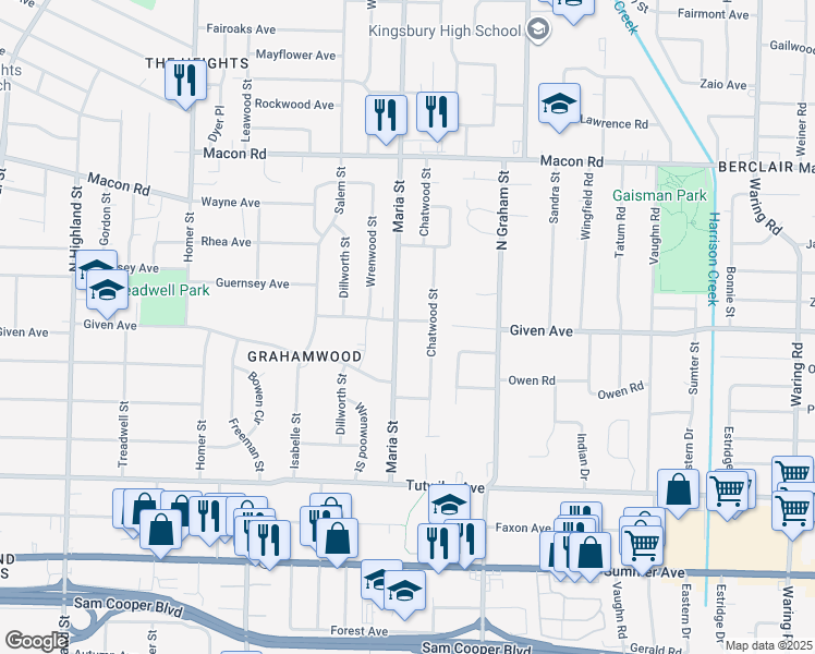map of restaurants, bars, coffee shops, grocery stores, and more near 3885 Guernsey Avenue in Memphis
