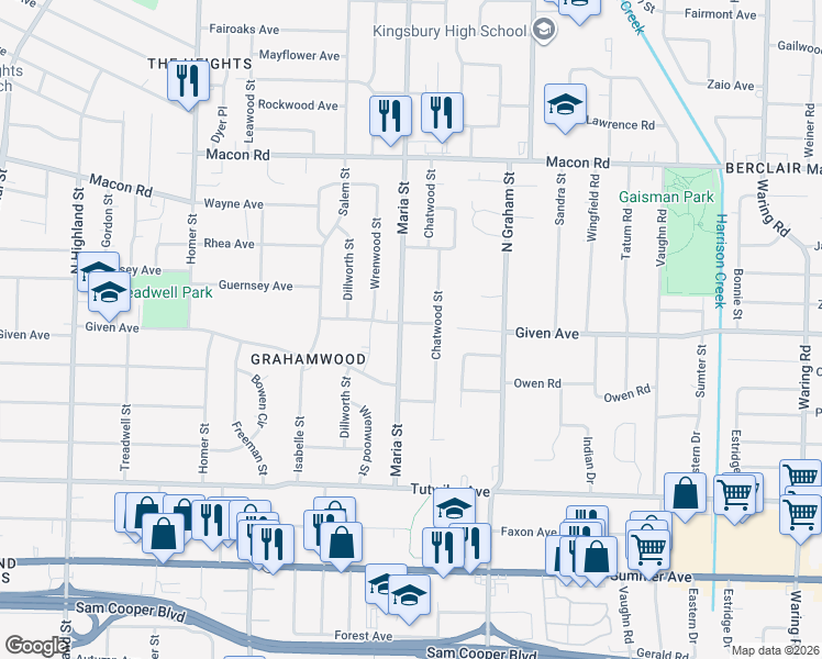 map of restaurants, bars, coffee shops, grocery stores, and more near 3885 Guernsey Avenue in Memphis