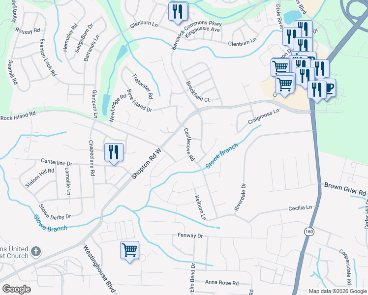 map of restaurants, bars, coffee shops, grocery stores, and more near 10303 Provand Court in Charlotte