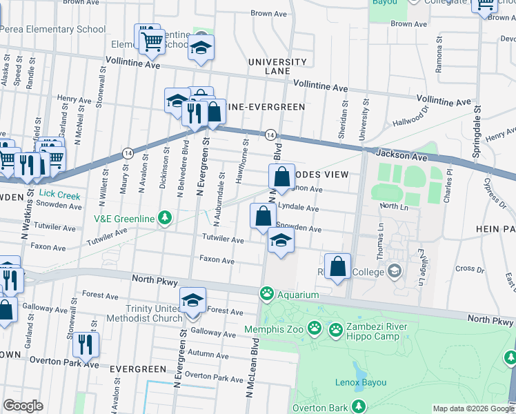 map of restaurants, bars, coffee shops, grocery stores, and more near 717 North McLean Boulevard in Memphis