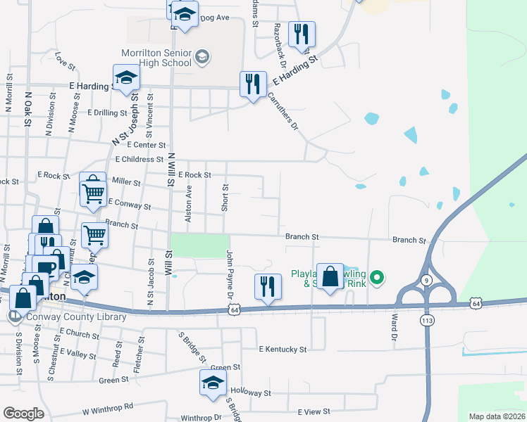 map of restaurants, bars, coffee shops, grocery stores, and more near 1203 Magnolia Drive in Morrilton