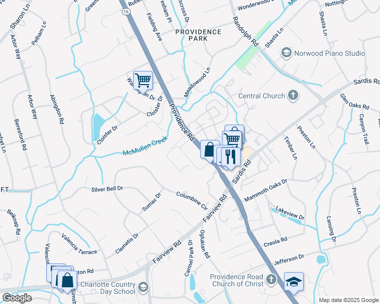 map of restaurants, bars, coffee shops, grocery stores, and more near 5350 Pinehurst Park Drive in Charlotte