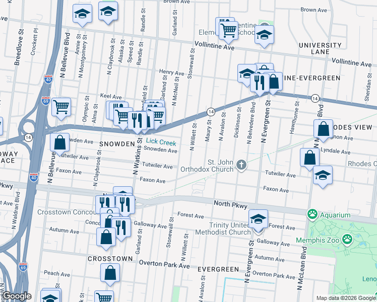 map of restaurants, bars, coffee shops, grocery stores, and more near 669 North Willett Street in Memphis