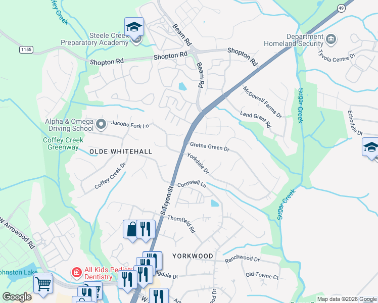map of restaurants, bars, coffee shops, grocery stores, and more near 1336 Yorkdale Drive in Charlotte