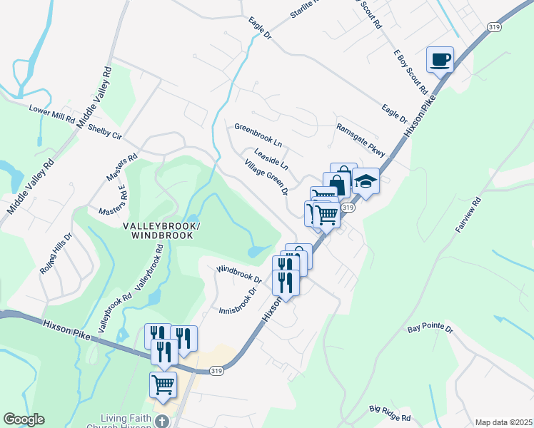 map of restaurants, bars, coffee shops, grocery stores, and more near 434 Valleybrook Road in Chattanooga