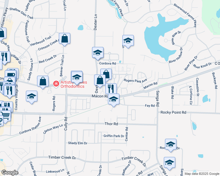 map of restaurants, bars, coffee shops, grocery stores, and more near 8534 Macon Road in Memphis