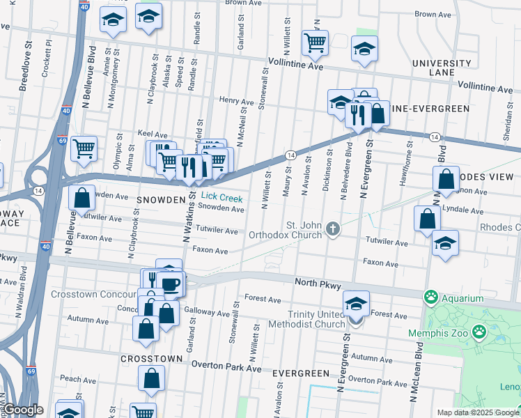 map of restaurants, bars, coffee shops, grocery stores, and more near in Memphis