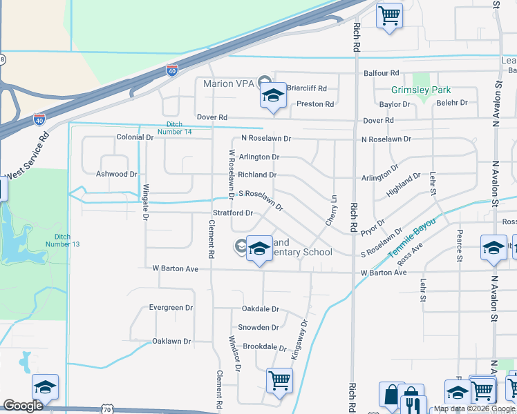 map of restaurants, bars, coffee shops, grocery stores, and more near 1009 Stratford Drive in West Memphis