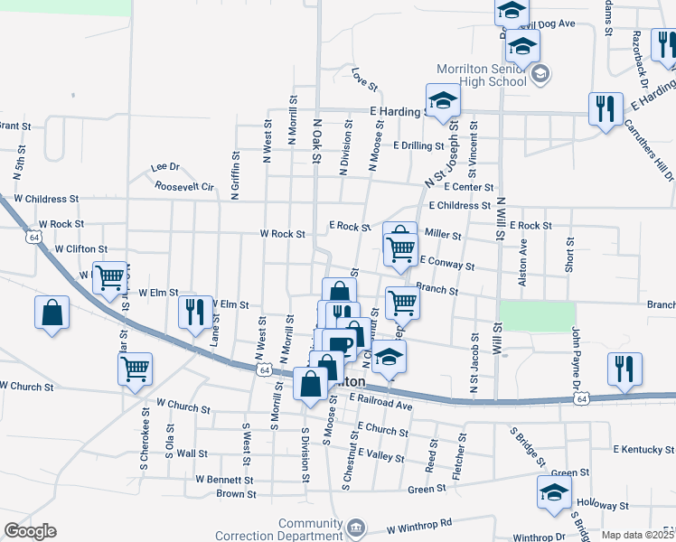 map of restaurants, bars, coffee shops, grocery stores, and more near 104 East Clifton Street in Morrilton