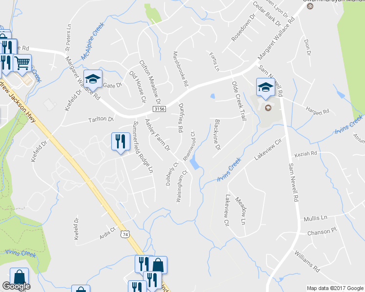 map of restaurants, bars, coffee shops, grocery stores, and more near 10017 Dunfries Road in Matthews