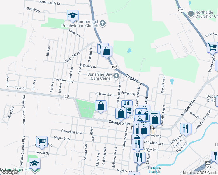 map of restaurants, bars, coffee shops, grocery stores, and more near 500 Swanson Boulevard in Fayetteville