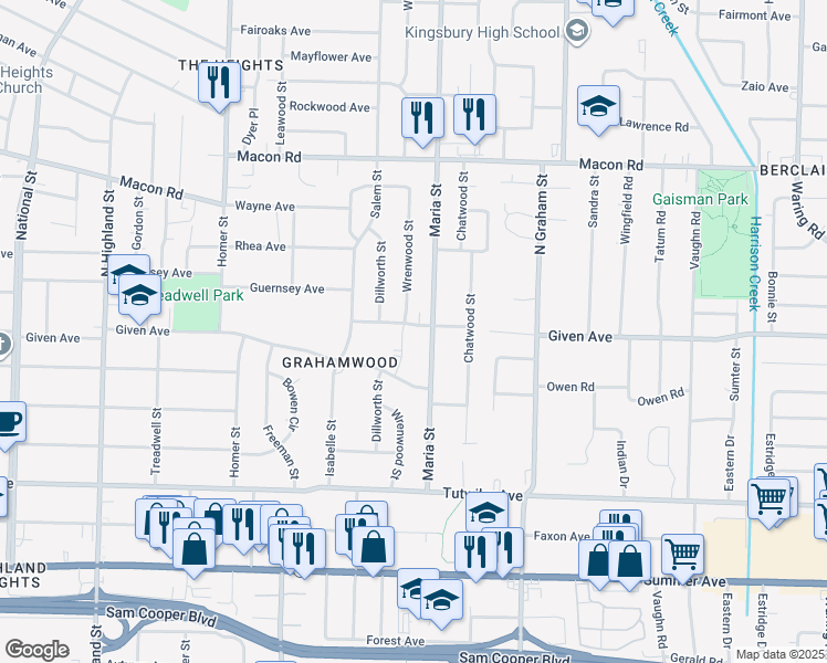 map of restaurants, bars, coffee shops, grocery stores, and more near 3851 Guernsey Avenue in Memphis