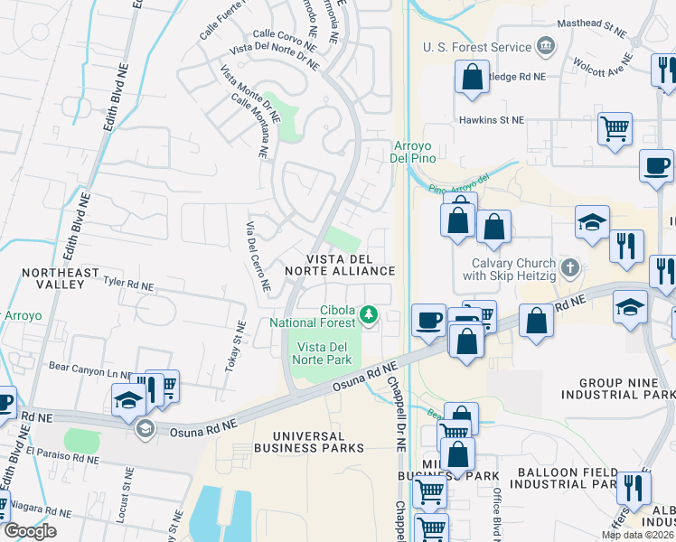 map of restaurants, bars, coffee shops, grocery stores, and more near 6804 Calle Laguna Northeast in Albuquerque