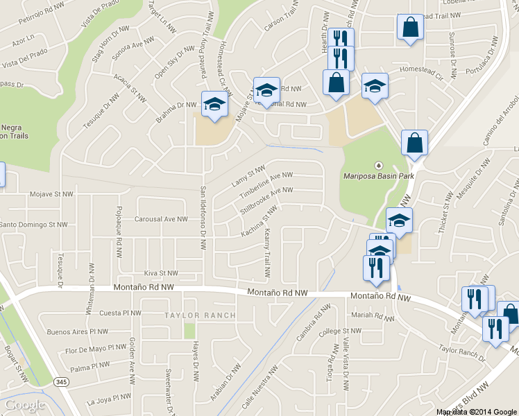 map of restaurants, bars, coffee shops, grocery stores, and more near 5608 Stillbrooke Avenue Northwest in Albuquerque