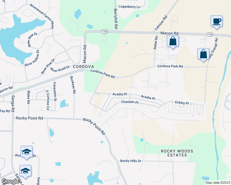 map of restaurants, bars, coffee shops, grocery stores, and more near 9172 Acadia Place in Shelby County