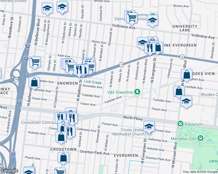 map of restaurants, bars, coffee shops, grocery stores, and more near in Memphis