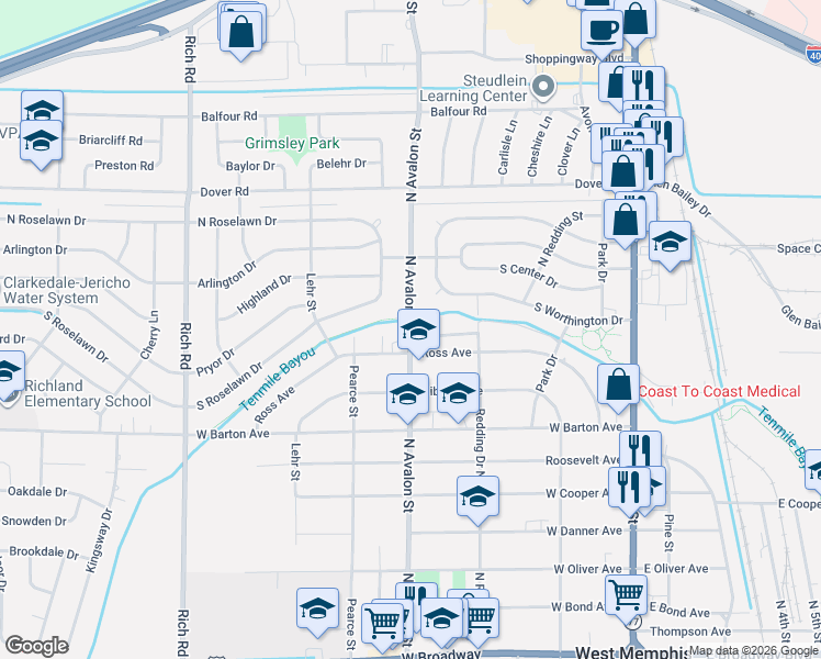 map of restaurants, bars, coffee shops, grocery stores, and more near 911 North Avalon Street in West Memphis