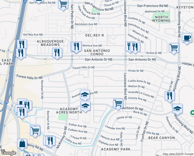 map of restaurants, bars, coffee shops, grocery stores, and more near 6608 Luella Anne Drive Northeast in Albuquerque