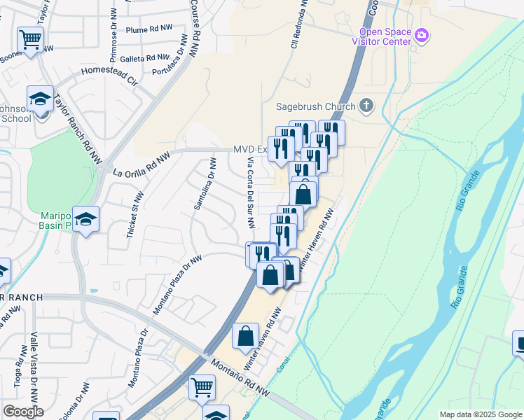 map of restaurants, bars, coffee shops, grocery stores, and more near 4119 Moncloa Court Northwest in Albuquerque