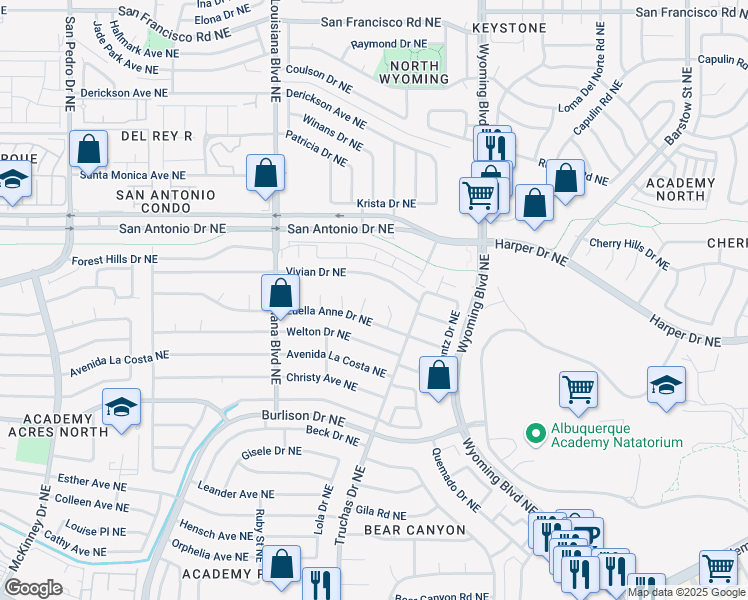 map of restaurants, bars, coffee shops, grocery stores, and more near 7225 Luella Anne Drive Northeast in Albuquerque
