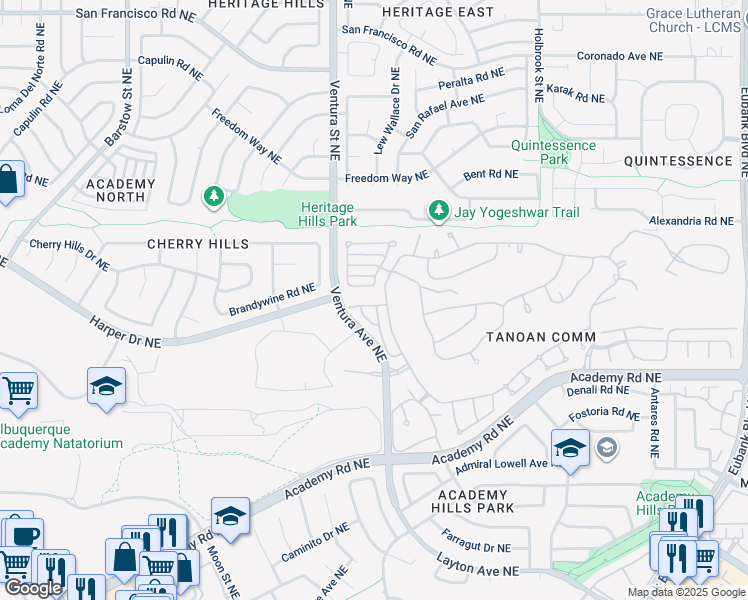 map of restaurants, bars, coffee shops, grocery stores, and more near 9209 Preston Trail Northeast in Albuquerque
