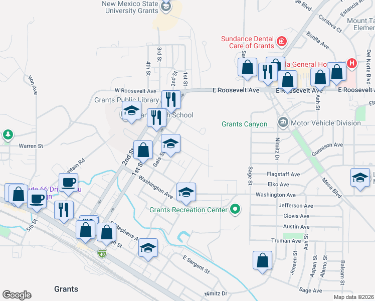 map of restaurants, bars, coffee shops, grocery stores, and more near 212 Adams Avenue in Grants