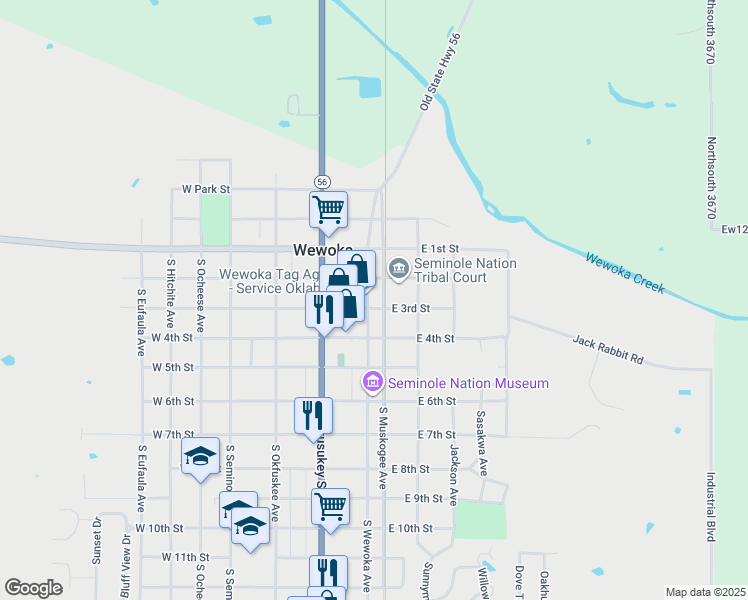 map of restaurants, bars, coffee shops, grocery stores, and more near 211 East 3rd Street in Wewoka