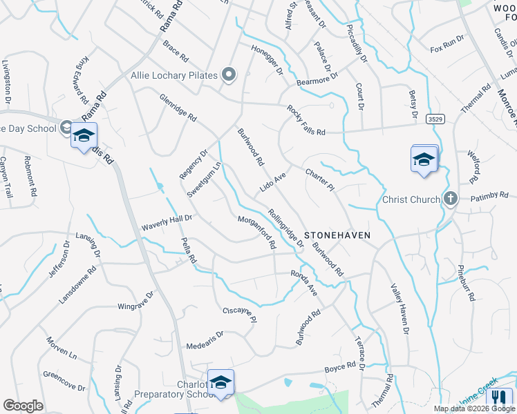 map of restaurants, bars, coffee shops, grocery stores, and more near 6710 Rollingridge Drive in Charlotte
