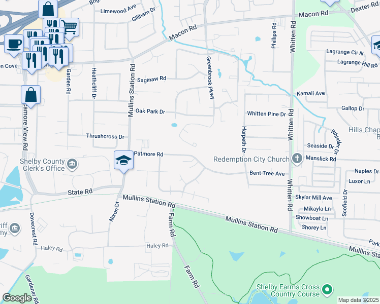 map of restaurants, bars, coffee shops, grocery stores, and more near 6524 Patmore Road in Memphis