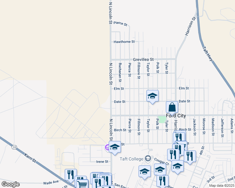 map of restaurants, bars, coffee shops, grocery stores, and more near 411 Buchanan St in Taft