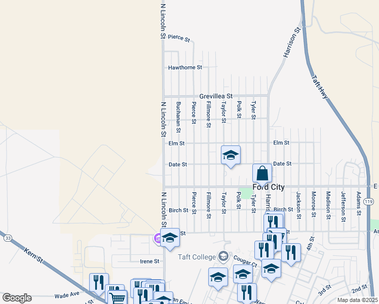 map of restaurants, bars, coffee shops, grocery stores, and more near 411 Pierce Street in Taft