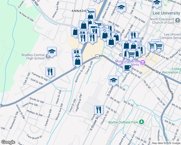 map of restaurants, bars, coffee shops, grocery stores, and more near 425 Crest Drive Southwest in Cleveland